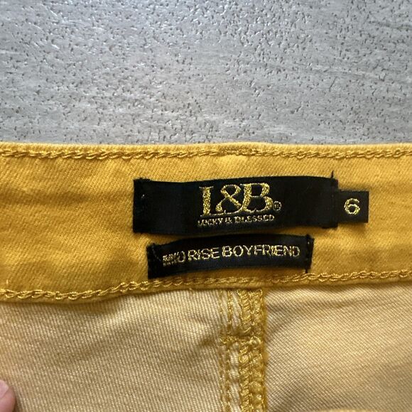 L&B Mustard Yellow Mid Rise Boyfriend Jeans - Distressed Fringe Edge - 6 - Picture 2 of 5